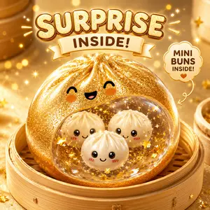 Gold Dumpling Squishy Toy, Glitter Bao Bun Squeeze Fidget Toy with Mini Buns Inside, Cute Sensory Stress Relief Toy, Kawaii Gift for Kids Teens Adults, Toy Only Not Food