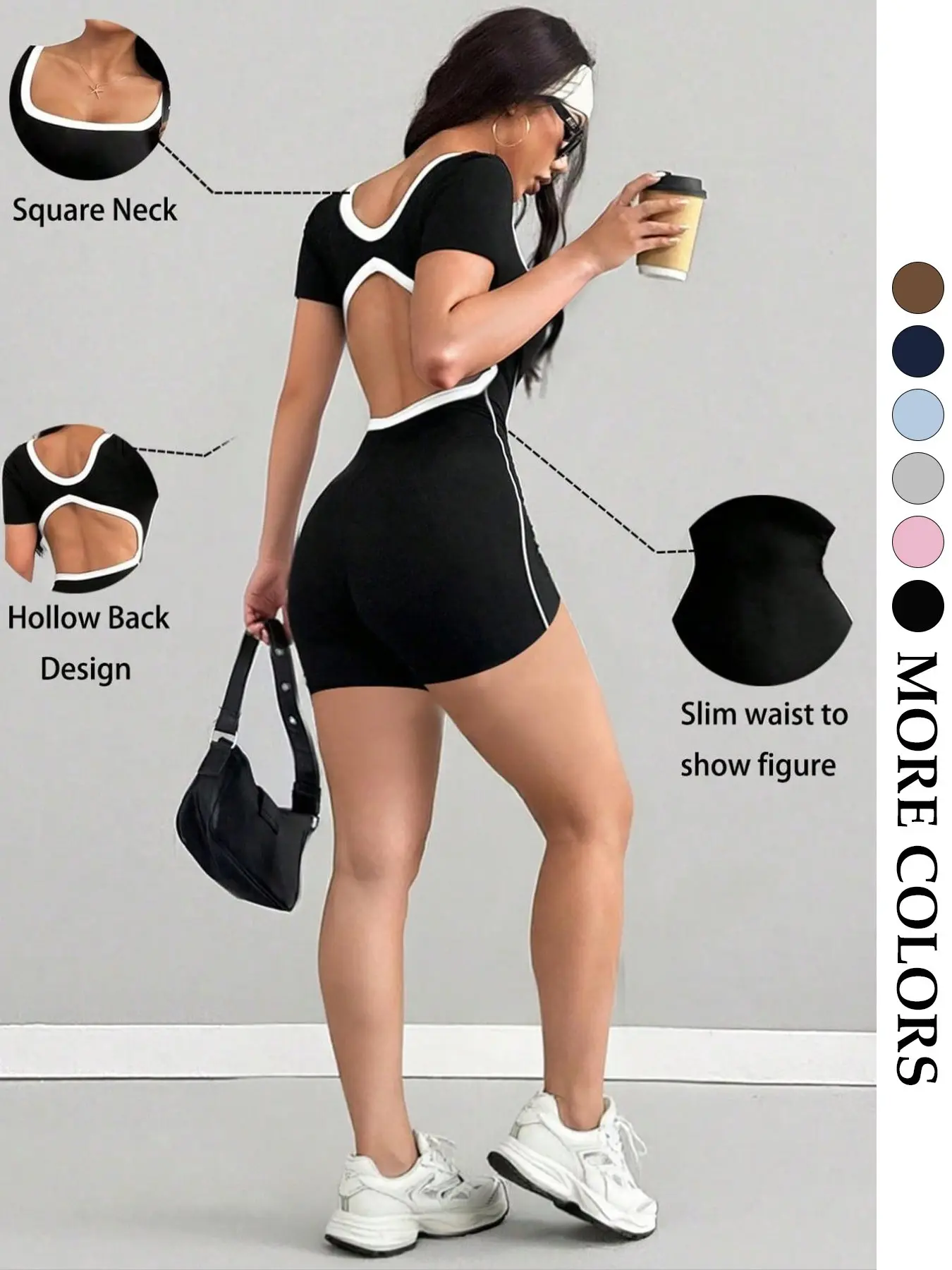 Women's Colorblock Square-Neck Short-Sleeve Sports Romper, Slim-Fit Activewear for Running and Fitness