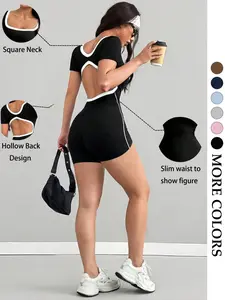 Women's Colorblock Square Neck Short Sleeve Sport Jumpsuit, Slim Fit Athletic Wear, Summer Versatile, Ideal for Running and Fitness