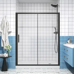 Single Sliding Shower Door 56-60 Inch Semi-Frameless 72 Inch Tall with 1/4 Inch Tempered Glass and Matte Black Aluminium Frame