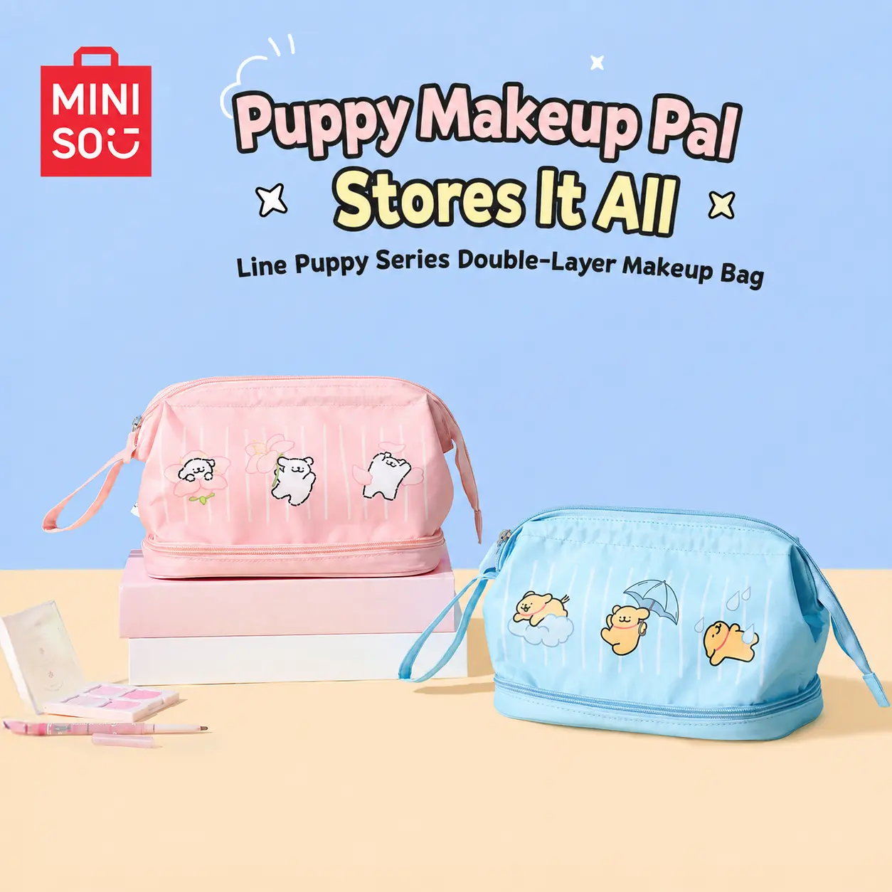 MINISO Line puppy Makeup Bag Double Layer Large Capacity Cute Portable Travel Cosmetic Bag,large capacity—cute, practical, portable, and essential for travel, Cosmetic Travel Bags, Travel Makeup Pouch