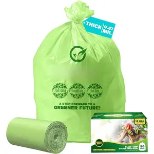 13 Gallon Compostable Trash Bags Liners with Flat-Top, Thick 0.87 Mil, 49.21 Liter, 50 Bags, Tall Kitchen  Scrap  Bag, ASTM D6400,  BPI and OK Compost  Certified