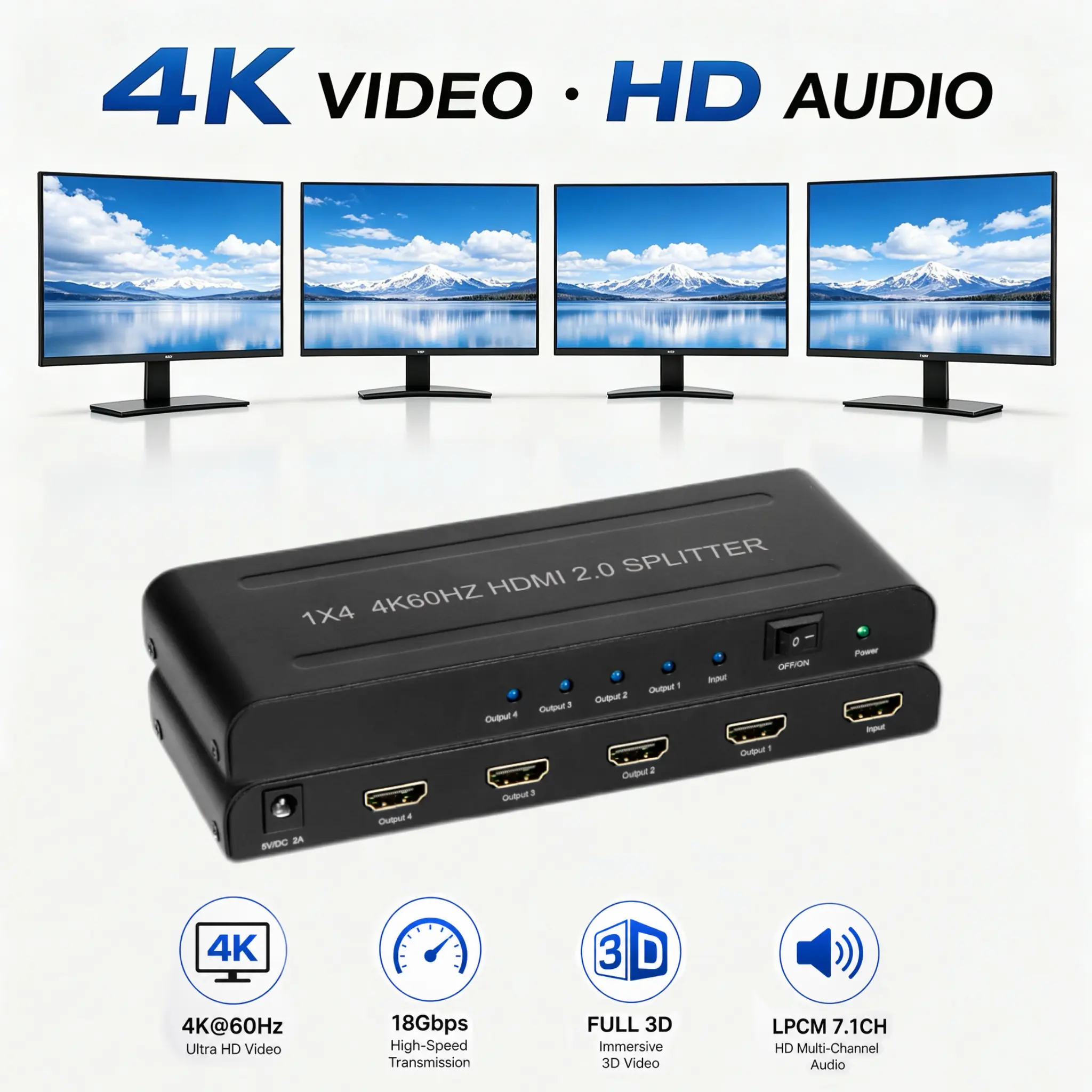 BYTECC Metal HDMI 2.0 Splitter with Multiple Ports, 4K@60Hz 1 in 2/4/8 Out, HDCP 2.2 Support, Full HD 3D 1080P, Table Mount Compatible Distributor for Duplicate/Mirror Screen to Monitor, TV, Projector