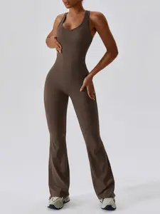 Women's Solid Cut Out Backless Sports Tummy Control Jumpsuit, Quick Drying U Neck Sleeveless Jumpsuit for Yoga Gym Workout, Ladies Sportswear for Summer