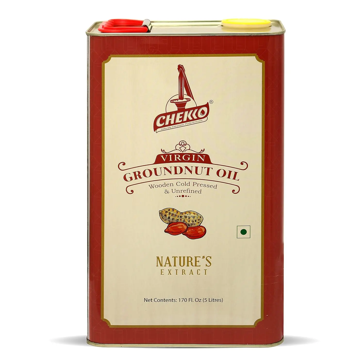 Chekko Cold Pressed Peanut Oil 5 L (1.32 Gallons) | Virgin Wood Pressed Groundnut Oil | Natural & Healthy Oil for Cooking &  Deep Frying