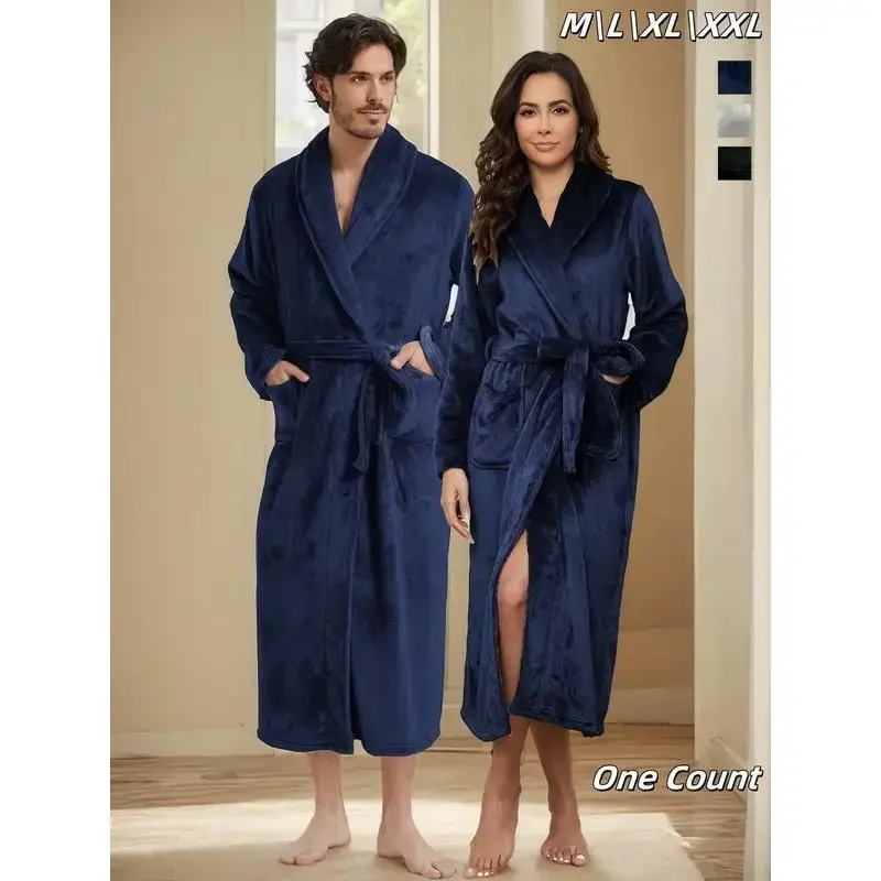 Couple's Solid Belted Pocket Flannel Robe, Casual Long Sleeve Warm Robe for Fall & Winter, Men's Sleepwear for Indoor Wear Couple's Solid Belted Pocket Flannel Robe, Casual Long Sleeve Warm Robe for Fall & Winter, Men's Sleepwear for Indoor Wear