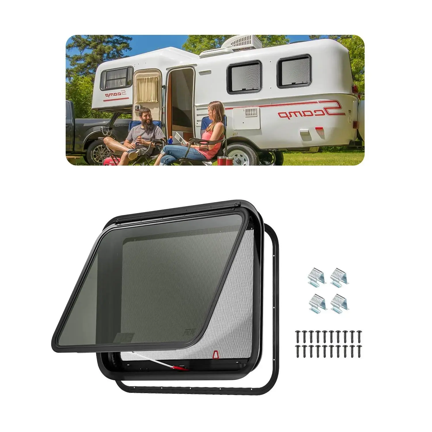 【Summerfinds】VEVOR RV Exit Window 30" W x 22" H Tinted RV Window with Net Screen and Trim RingFit for 1 1/4" - 1 13/16" Thickness WallRV Window Replacement for Teardrop Cargo Trailer CamperDOT Approved