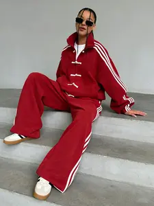 Women's Chinese Frog Button 3 Striped Tracksuit 2 Piece Set - Zip Up Stand Collar Jacket & Wide Leg Pants Y2K Streetwear Casual Sport Outfit