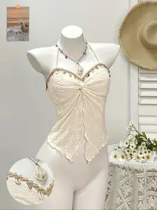 New Women's Textured Knit Fabric Floral Halter Neck Top with Braided Ribbon, Shell Sequins Pendant, Backless Knot Front Shirt, Boho Style Summer Beach Fashion Womenswear