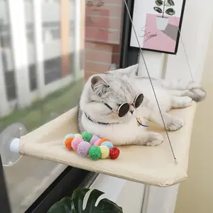 Window-Mounted Cat Hammock Perch Bed Home Accessory, Foldable Suction Cup & Cloth PVC Sturdy Hold Safety Shelf, Space-Saving Sunbathing Seat for Large Cats (Beige Premium Set)