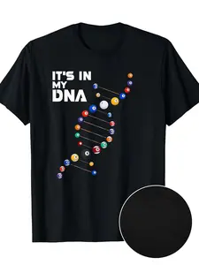 Men'S Retro "It'S In My DNA" Pool Billiard Graphic T-Shirt - 100% 220gsm Heavyweight, Moisture-Wicking Black Tee with Colorful DNA Double Helix & Billiard Ball Design for Casual & Sports Wear - All-Season Comfort Fit Round Neck Shirt, Graphic Tees, Graphi
