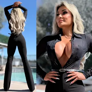 Connie's  "SOPHISTICATED & SEDUCTIVE CEO JUMPSUIT 🍸" Stretch Button Down Semi See Thru Mesh Upper, Belted Lower, ALL STRETCH
