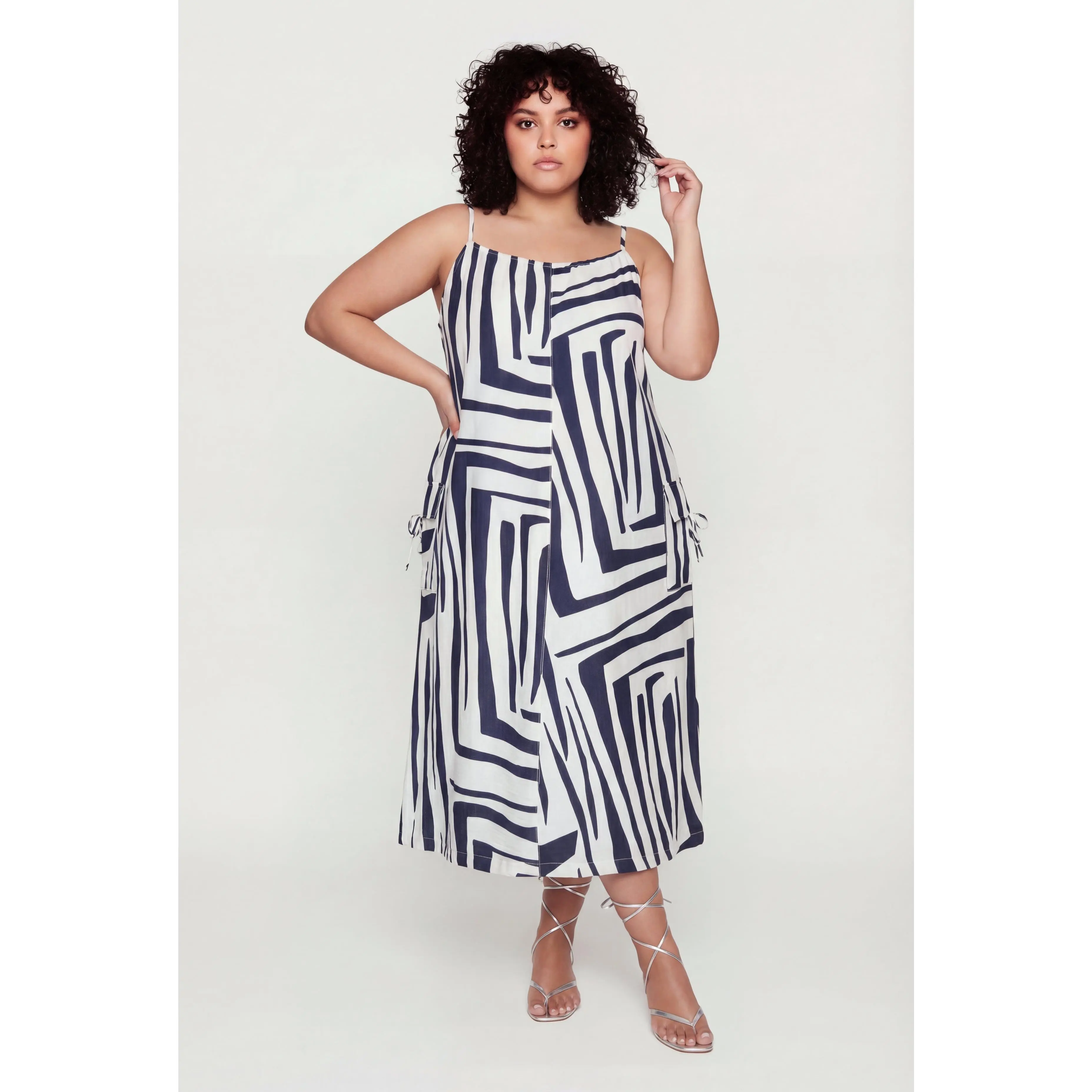 Plus Size Geometric Print Sleeveless Dress with Cargo Pockets