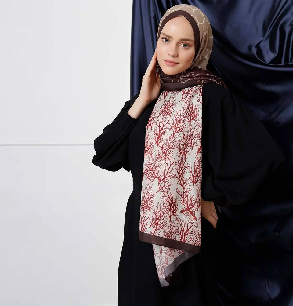 Modefa Tri-Panel Hijab Shawls | Blooming Branches - Chocolate Brown & Maroon