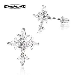 S925 Sterling Silver Floral Cross Stud Earring, Iced out AAAAA+ Earrings Modern Versatile Accessories Fashion Jewelry Perfect Birthday Anniversary Engagement Christmas Gift Ear Studs