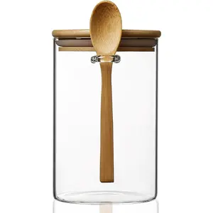 25 oz/750 ml Glass Storage Canister with with Airtight Lid, Cute Clear Decorative Container Jar with Wooden Spoon for Coffee  Candy Salt Cookie Condiment Sugar Matcha  Overnight Oats
