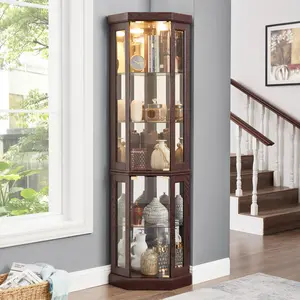 Tall Corner Cherry Collectible LED-Lit Multi-Level Curio Cabinet, Engineered Wood with Curved Silhouette, Side-Hung Glass Doors, Adjustable Shelves, Mirrored Back, Anti-Tip Design, 150lbs Capacity Space-Saving Showcase for Home Decor, Cherry Glass Cabinet