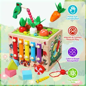 EDUTREE Multifunctional Bead Maze Activity Cube 9-in-1 Wooden Educational Toy for Toddlers 1-3 Montessori Toys with Beads Maze Xylophone Shape Sorter Clock Developmental Toy for Boys Girls Birthday Gift