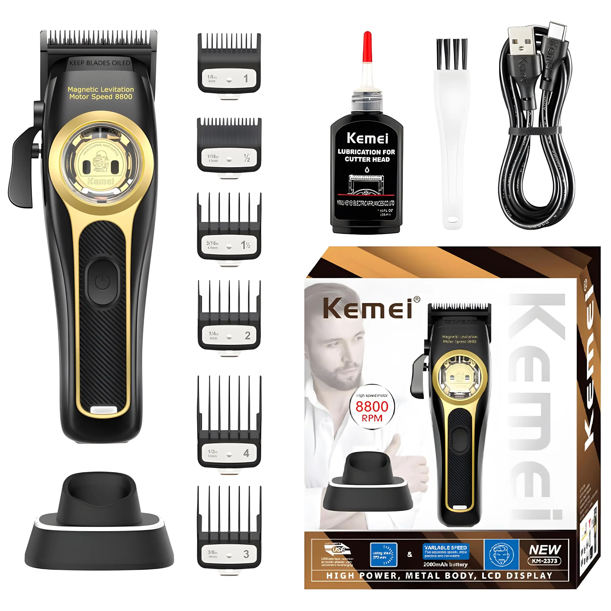 Kemei Electric Hair Clipper, 1 Set Usb Rechargeable Hair Trimmer with Accessories, Professional Hair Cutting Tool for Salon Barber, Ideal Gift for Men, Hair Clippers Set, Cordless Hair Cutting