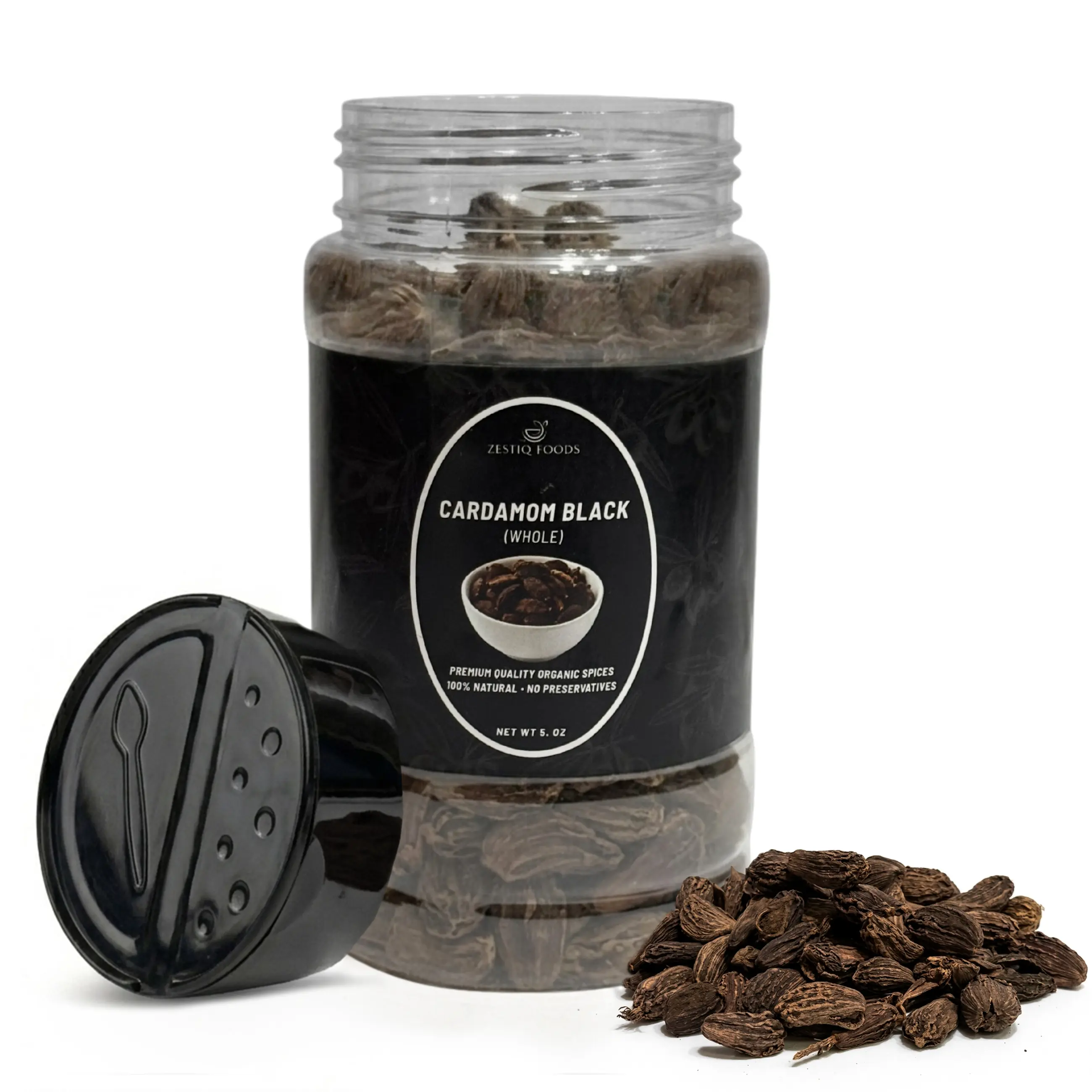 Zestiq Foods Certified Organic Black Cardamom (Badi Elaichi), 5 oz Jar – Whole Black Cardamom Pods for Cooking, Seasoning & Traditional Recipes