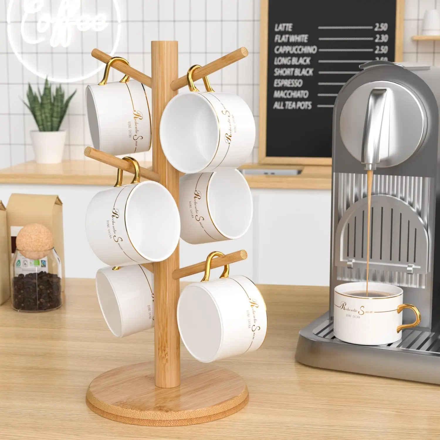 Bamboo Mug Holder Tree with 6 Hooks, Thicker Base Coffee Cup Stand for Countertop, Sturdy and Space-Saving Mug Rack for Kitchen Organizer
