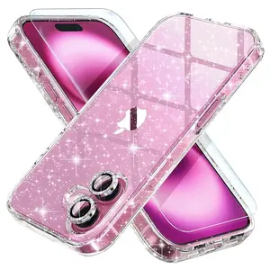 For iPhone 16 Case – Cute Clear Glitter Bling Cover for Women with 2 Diamond Camera Lens Protectors & 2 Tempered Glass Screen Protectors, 6.1-Inch