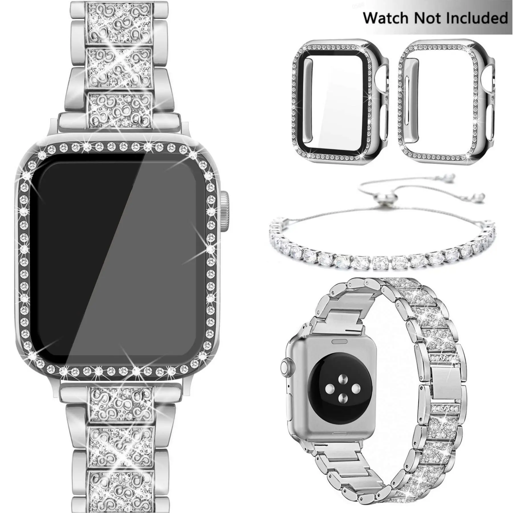 Rhinestone Decor Watch Band & Jewelry Bracelet Set, 4 Counts/Set Watch Band with 2 Bling Case Cover, Smart Watch Accessories for Apple Watch 9 8 7 6 5 4 3 2 1 SE, Smartwatch Accessories