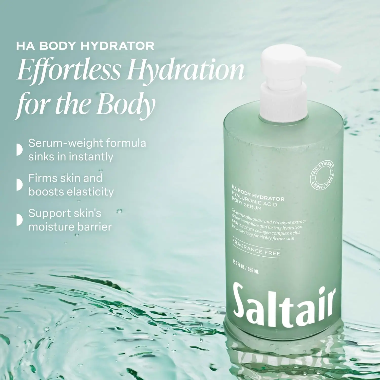 Saltair Hyaluronic Acid Body Serum – Hydrating Body Lotion for Smoother Looking Skin – Sheer Gel Moisturizer with Sodium Hyaluronate & Red Algae – Fragrance-Free HA Hydrator – 13oz Pump Bottle