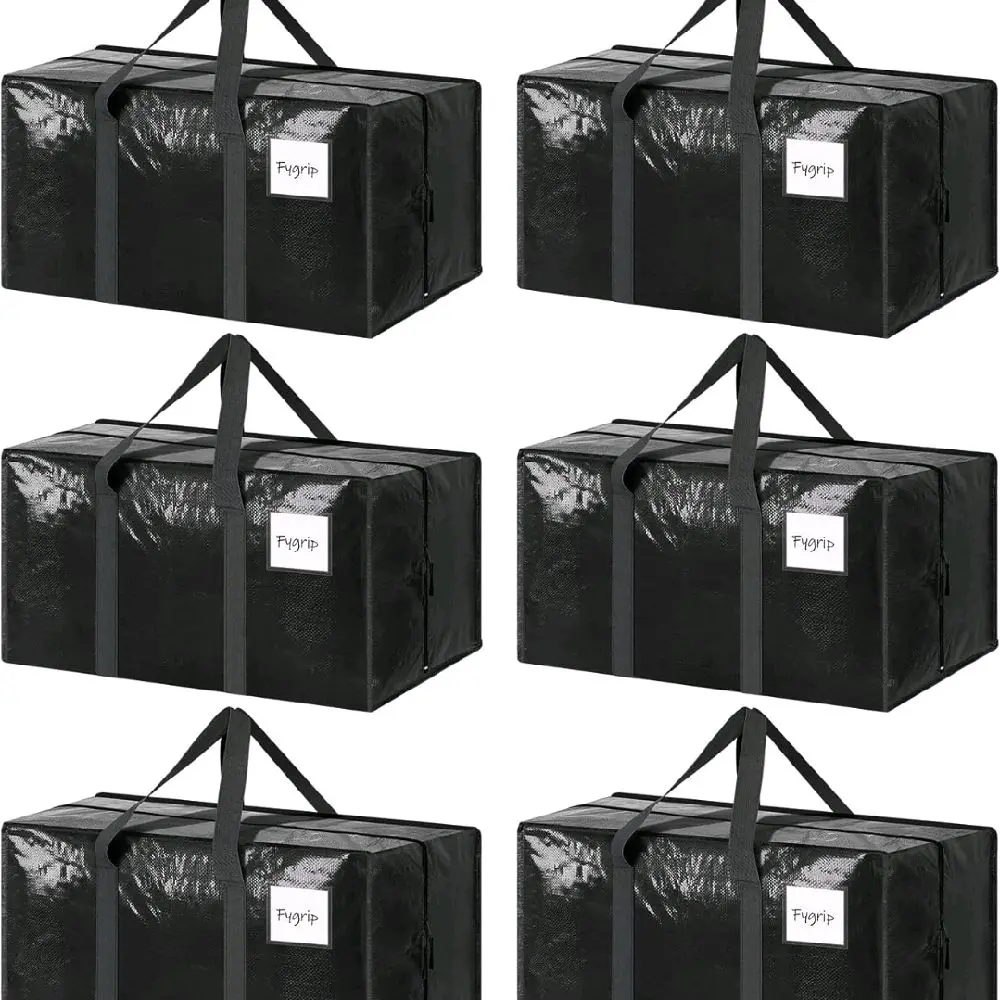 6 Pack Durable Extra Heavy Duty Large Fabric Storage Moving Bags with Strong Zipper, Comfortable Handles, Secure Closure, Easy-Carry Totes for Packing, College Supplies, Black