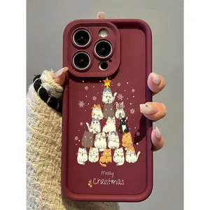 A fashionable Christmas cat slogan pattern thickened shockproof full-cover phone case, suitable for iPhone 17/16/15/14/13/12/11, a holiday gift for friends, family, and yourself.