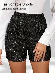 Plus Size Punk Fashion Sequin Women High Waisted Shorts, Perfect for Parties, Trendy Party, Comfortable and Stylish Design, Ideal for Events, Glitter Sequins Shorts