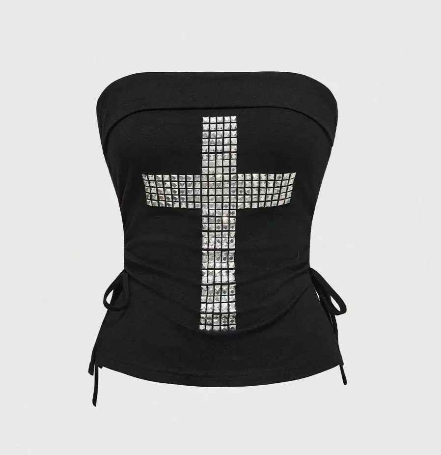 Spring/Summer Y2K Cross Studded Rhinestone Decor Cropped Strapless Drawstring Slit Hem Women