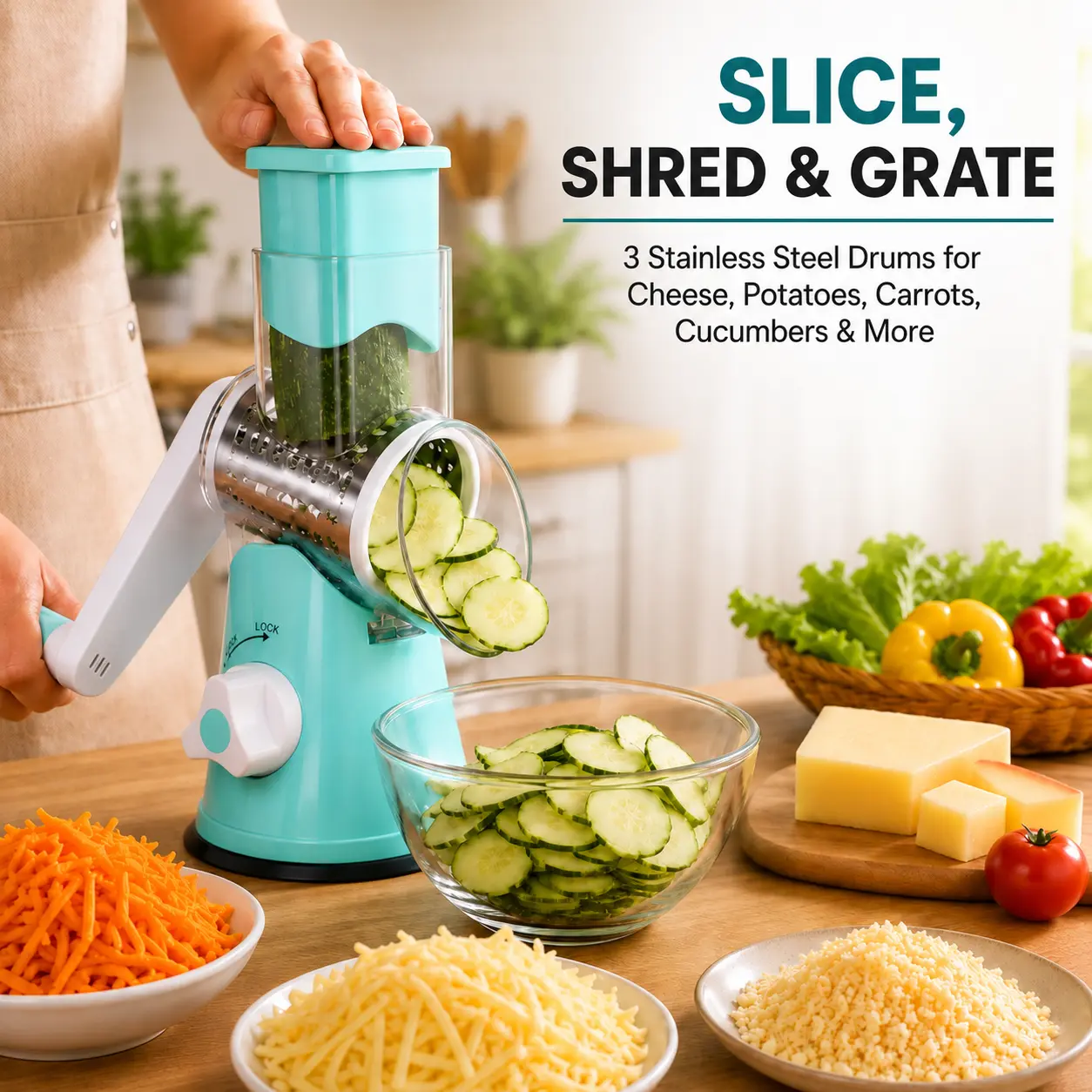 MIUVA  labor-saving handle  Rotary Cheese Grater Set - 3 Stainless Steel Drums, Hand Crank, Transparent, Durable Vegetable Slicer, Food Shredder Tool, Kitchen Utensils for Salad Prep (Cheese, Potatoes, Carrots) Restock