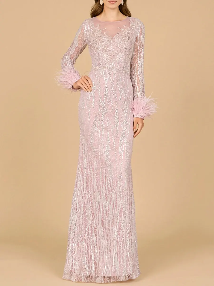 Long Sleeve Sheath Gown with Feathers