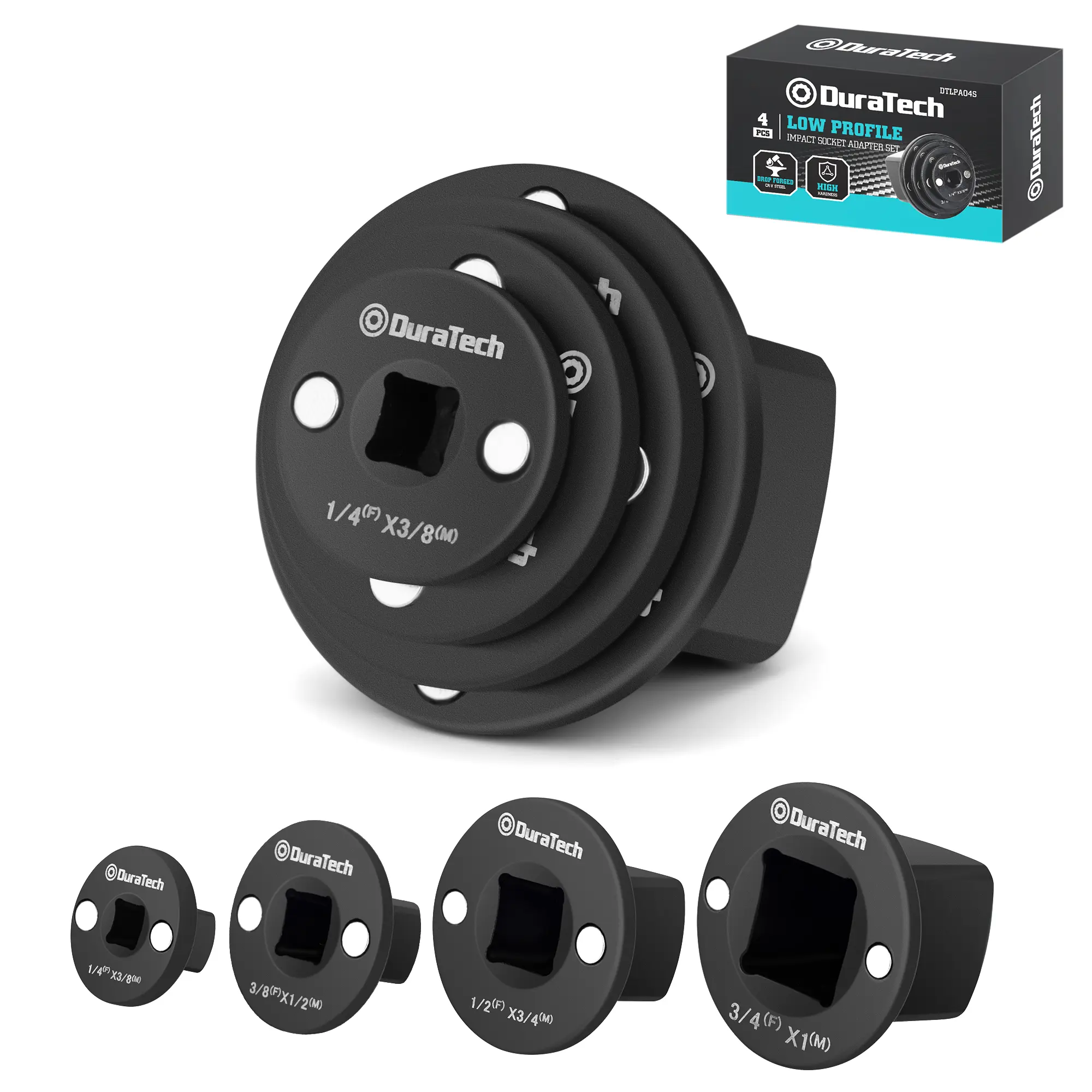 #summersale DURATECH Low Profile Impact Socket Adapter Set, 4‑Piece Drive Ratchet Adapter, Includes 1/4" to 3/8 ", 3/8" to 1/2 ", 1/2" to 3/4 ", 3/4" to 1 ", Magnetic Design for Wrench, Socket and Drill