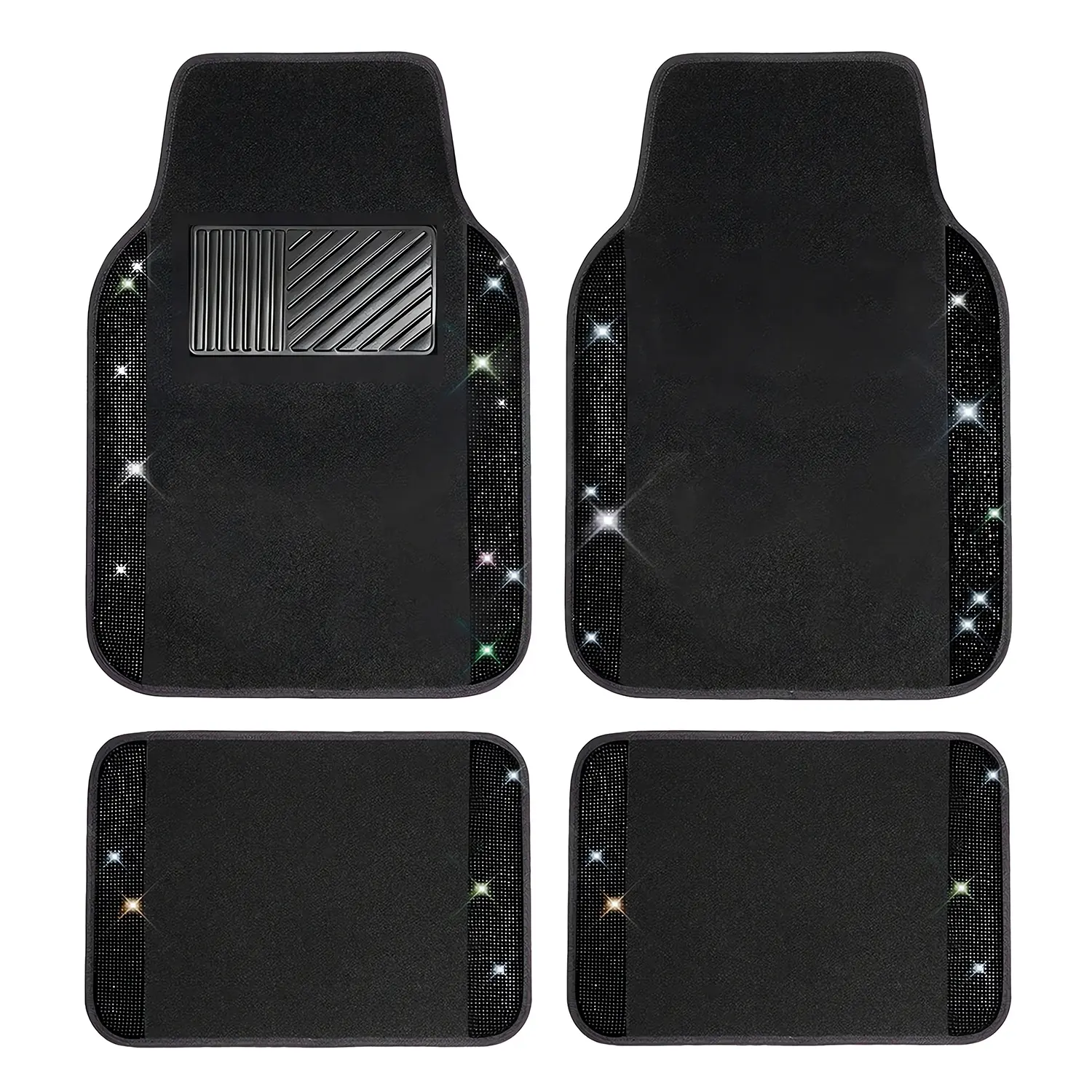 Bling Diamond Car Floor Mats Full Set - 4 Pcs Luxury Look Sparkling Carpet, Non-Slip PVC Heel Pad, Waterproof Universal Liners for Most Vehicles, SUVs, Trucks (Black)