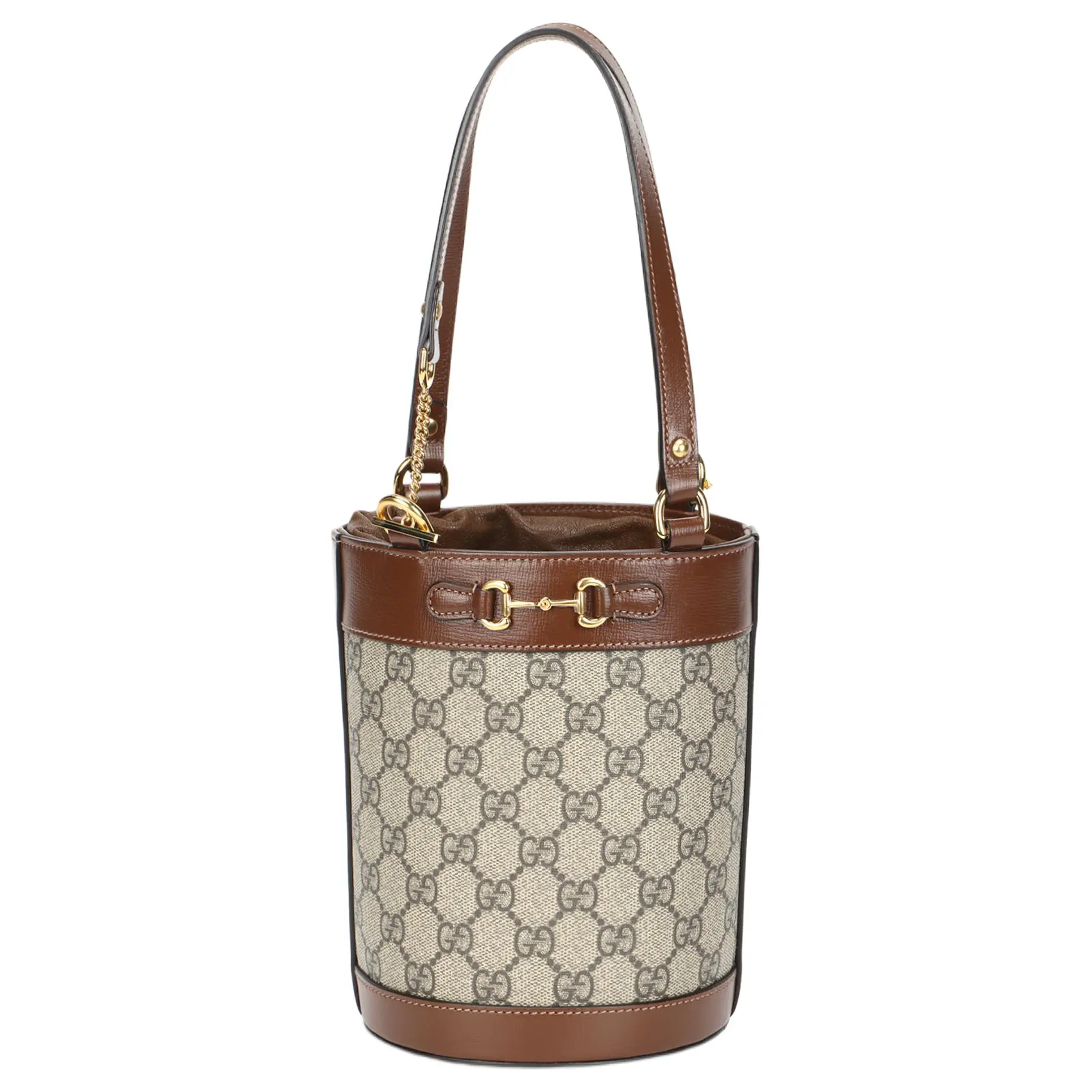 Gucci Horsebit 1955 Vintage Gold Buckle Monogram Canvas and Leather Drawstring Bucket Bag for Women, Ebony and Brown