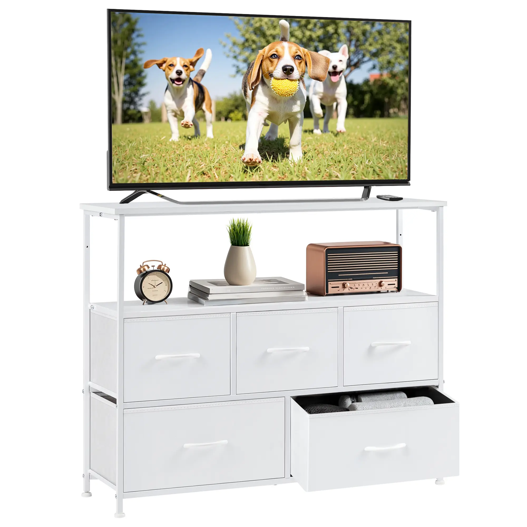 Modern Minimalist TV Stand - 5 Fabric Drawers Media Console with Open Storage Shelf, Sturdy Stable Indoor Furniture (20-25 Kg Capacity, 45" Max Size) for Living Room & Bedroom