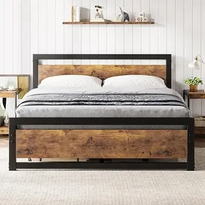 Bed Frame with Headboard, Industrial King Platform Bedframe No Box Spring Needed, Easy Assemble Noise Free Bed Mattress Base