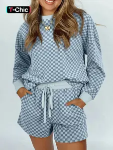 Hotapei Spring Autumn Casual Fitted Polyester Plaid Set, Knitted Shorts Set, Round Neck Long Sleeve Top and Shorts, Comfortable Aesthetic Daily Wear, Women's Fashion Outfit, Womenswear