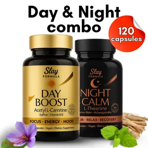 Slay Formula Day & Night Supplement Combo for Energy Focus Calm Sleep 120 Vegan Capsules L-Theanine Ashwagandha Saffron ALCAR Mood Support Vitamin B Complex Cortisol Support