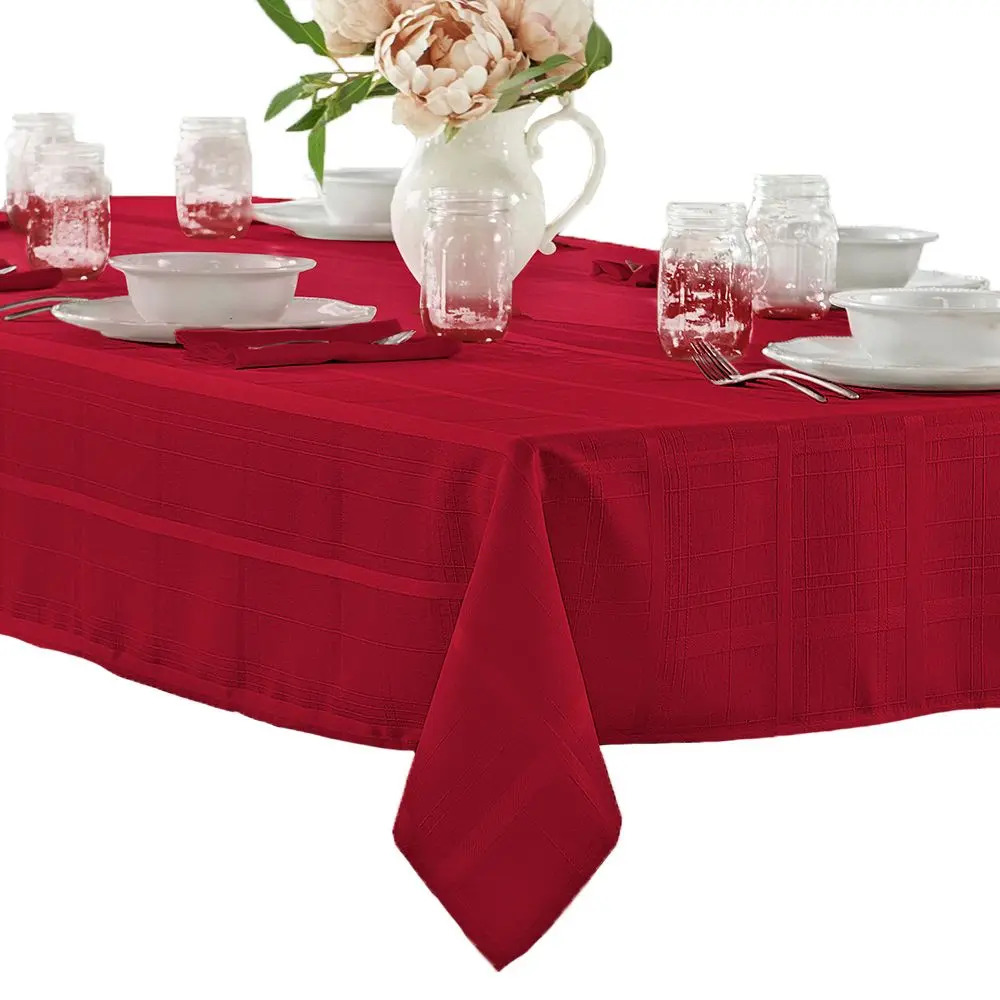 Elegance Plaid Stain & Water Resistant Tablecloth - 52" x 52" Square - Poinsettia Red - Elrene Home Fashions