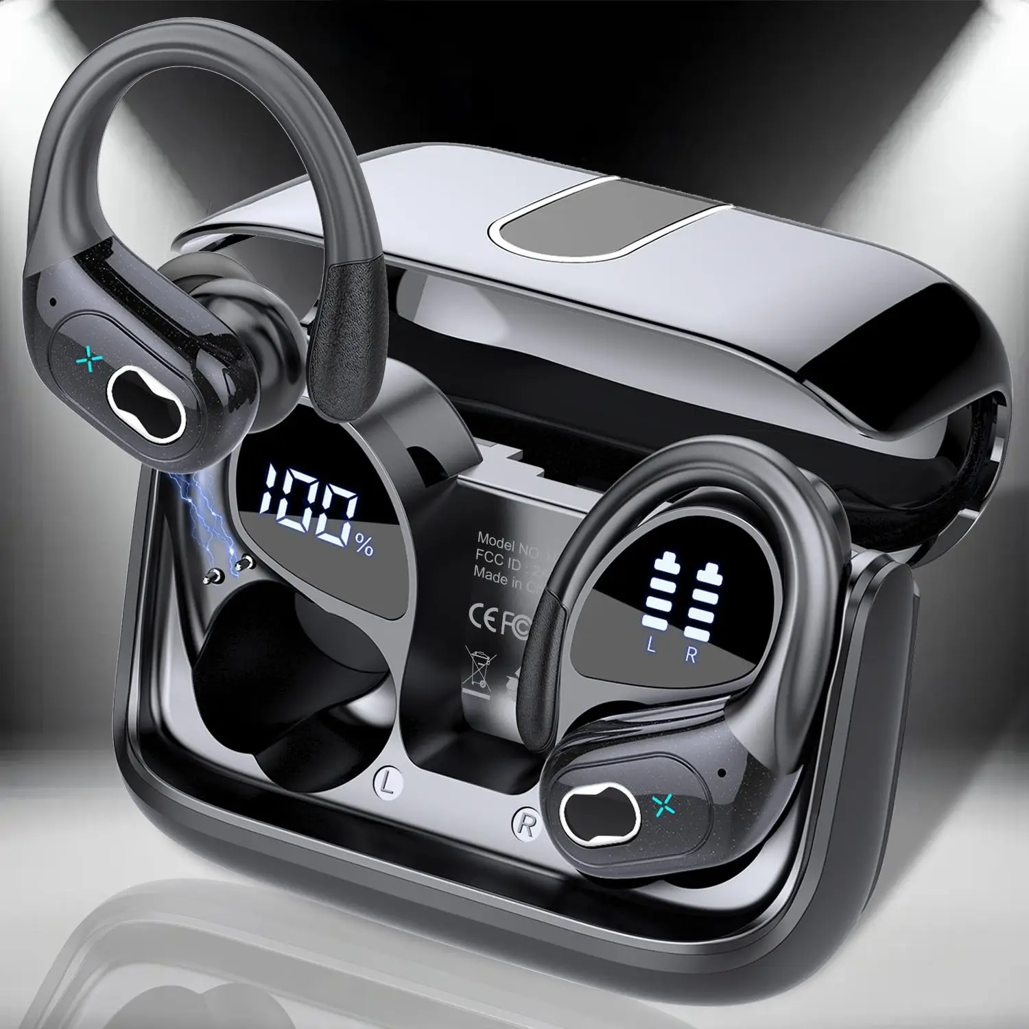 Wireless Earphone, Ear Hook Design Wireless Earbuds with LED Power Display, High Sound Quality Sports Bluetooth-compatible Earbuds