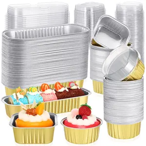 150 Pcs Mini Cake Pans with Lids Disposable Ramekins 6.8 oz 5 oz Aluminum Foil Cupcake Baking Cups, Rectangle Round Square Cupcake Liners Cake Tins for Flan Muffin Dessert Party Favors, Gold
