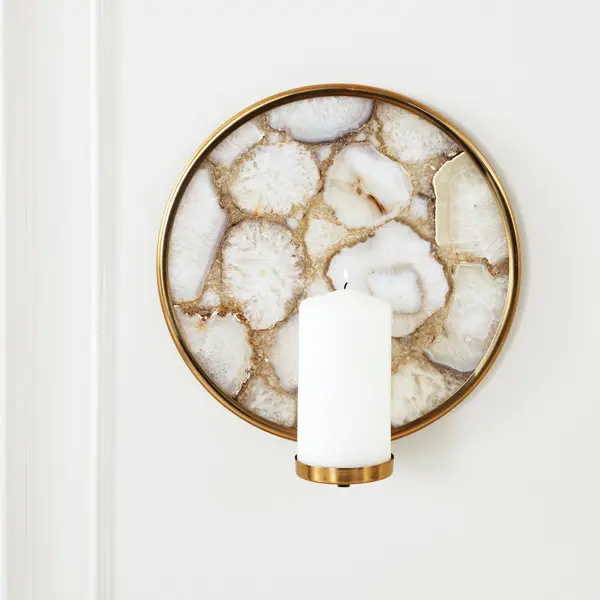 Z Gallerie Diego Gold Frame Agate Stone Pillar Candle Holder - Imported Metal Wall Sconce, Elegant Wall Light, Art-Function Design, Room Decorations, Home Supplies (Candle Not Included; Suitable for Kitchen, Office), Decor Accessories