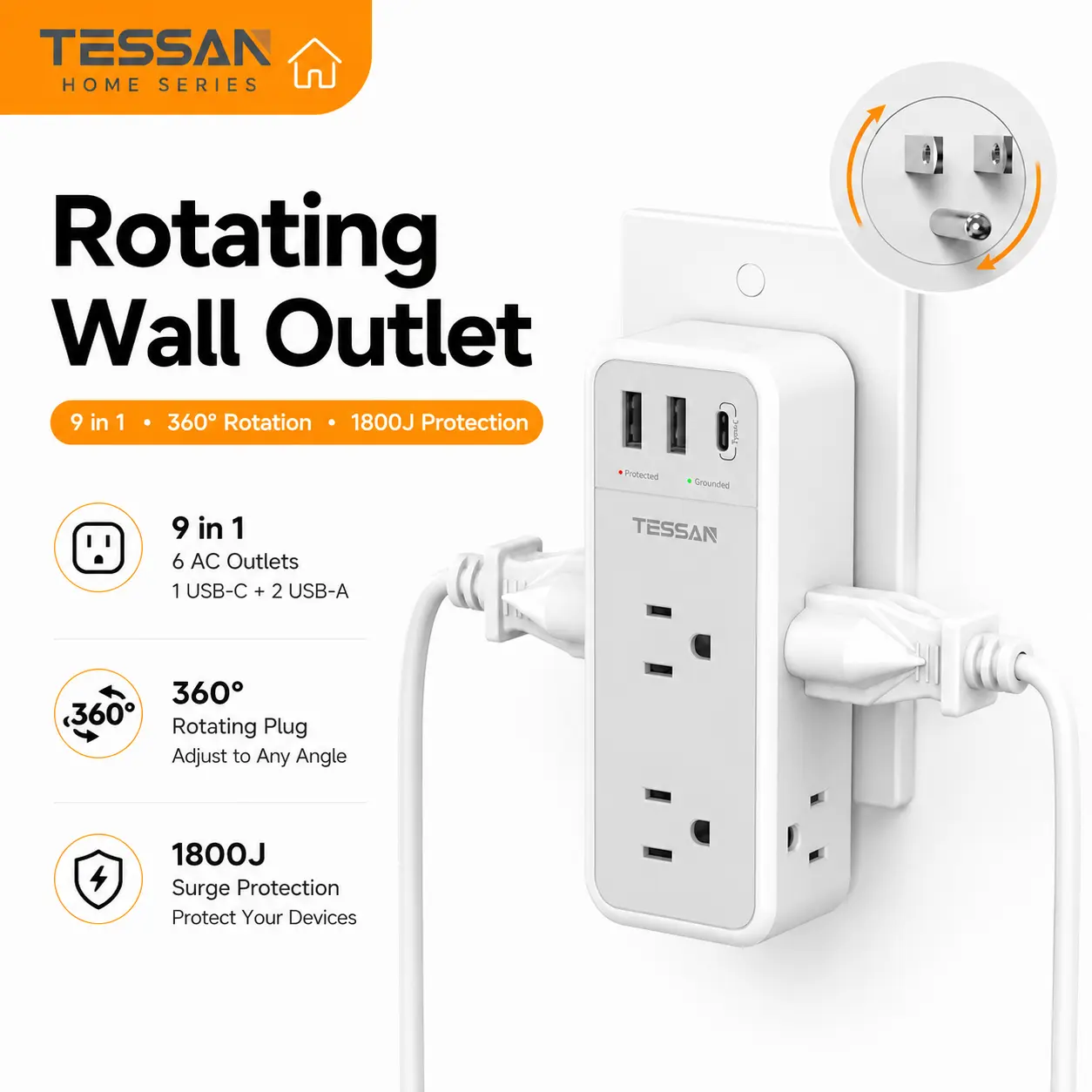 TESSAN Multi Plug Wall Outlet Splitter with 360 Rotating Plug, TESSAN 1800J Surge Protector Outlet Extender with 6 AC and 3 USB Ports (1 USB C), 1875W, 3 Sided Wall Socket Expander for Home Office Dorm Room