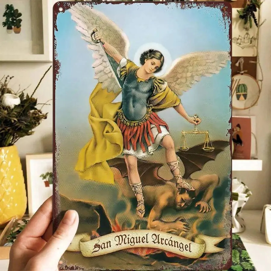 1pc Vintage Metal Wall Art Plaque - Saint Michael Archangel Battling The Devil Scene, 30x20cm Waterproof Dustproof Artistic Religious Decor, Multicolor Indoors Home Decor with Victory Symbolism, High-Quality Craftsmanship for Bedroom, Office