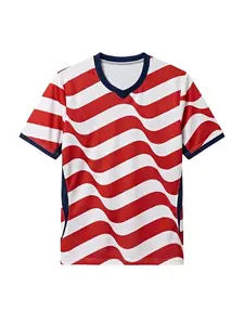 2026 American Style Soccer Jersey Red White Striped Football Shirt Sportswear Training Uniform Men's  Team Fans O-Neck Top  playoff fan tee