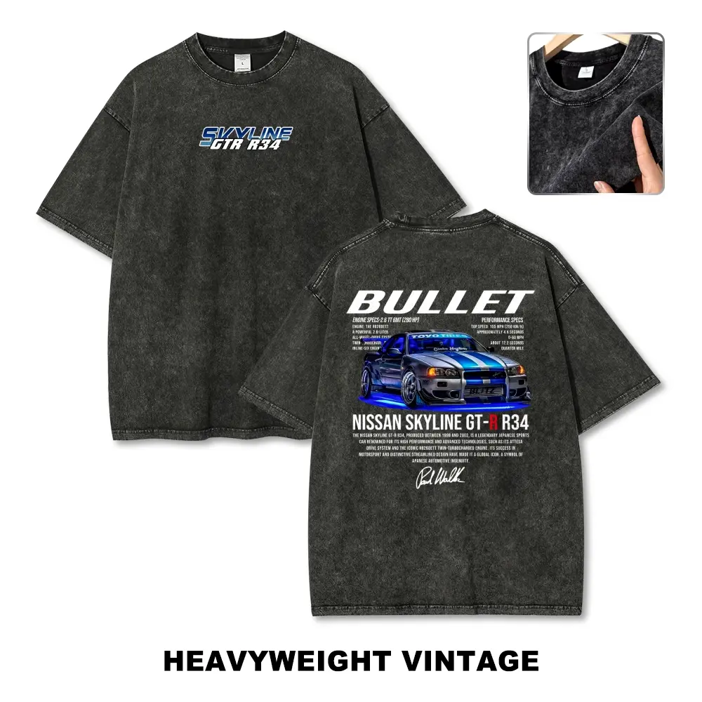 Blue Japanese Legend GTR R34 Vintage Washed Tee 90s Men's Graphic Tee t Shirts Funny Graphic Tee Good Graphic Tees Graphic Tees Streetwear Outfits Men Vacation Outfits Oversized Tshirt Men