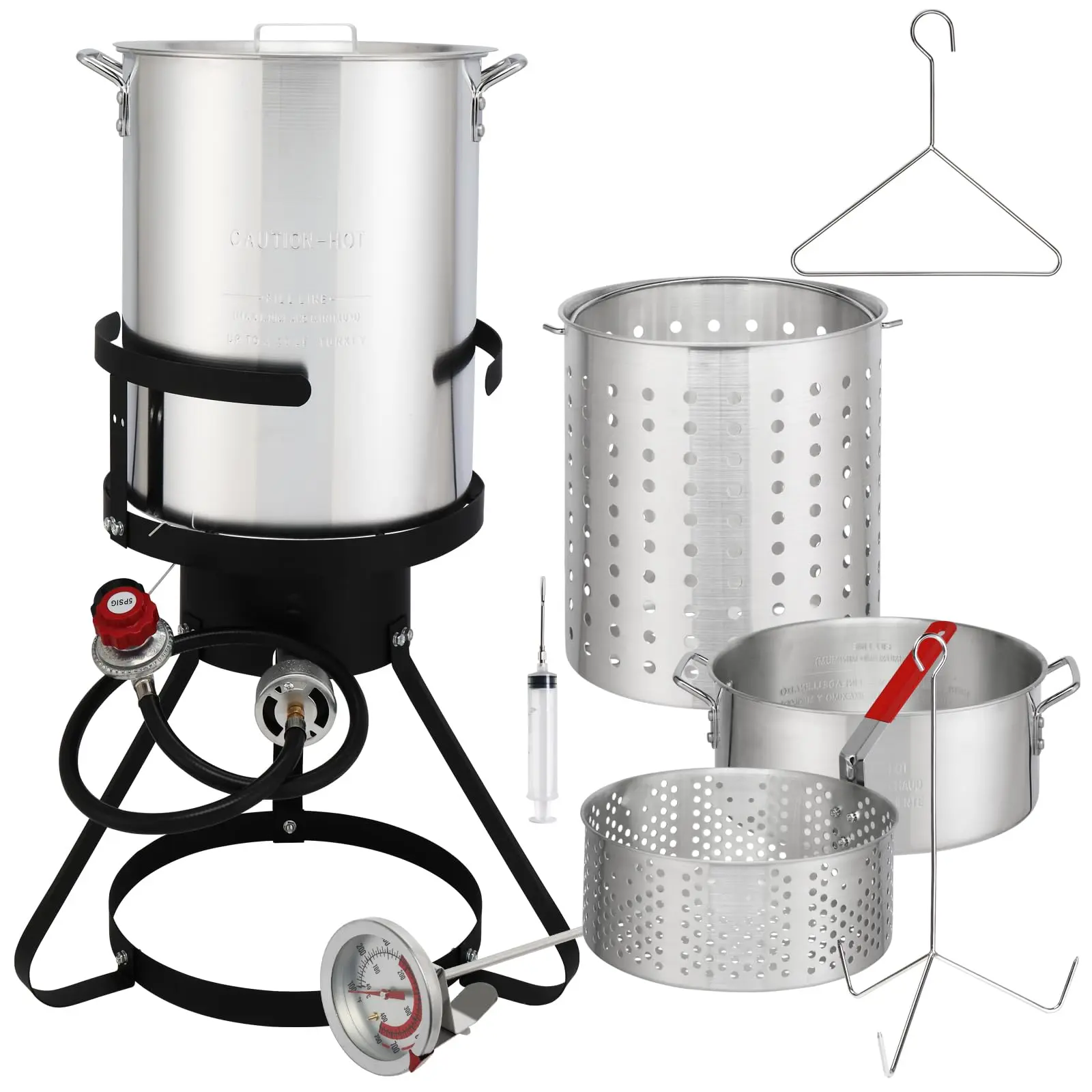 Outdoor Turkey & Fish Fryer Kit with 30 Qt & 10 Qt Aluminum Pots, 54000 BTU Iron Burner for Fast Heating, Chrome Large-Size Drain Baskets, Plastic Poultry Rack, Thermometer & Injector (Camp Kitchen Essential)